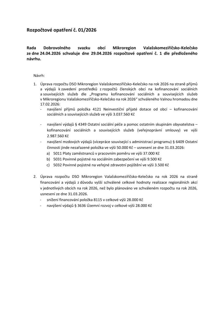 Rozpočtové opatření 01/2026