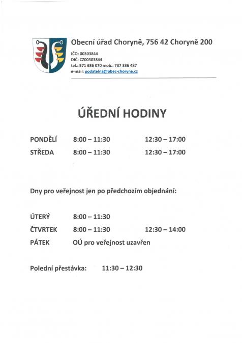 Úřední hodiny OÚ Choryně