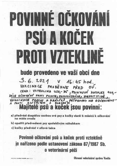 Povinné očkování psů a koček proti vzteklině  3.6.2021